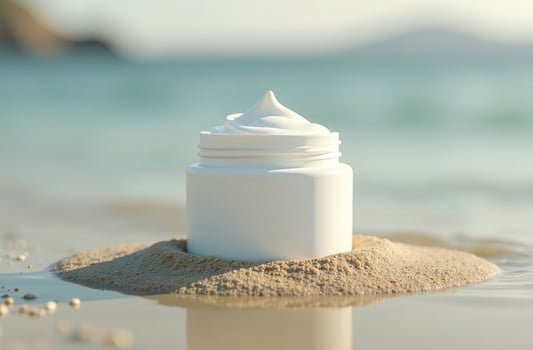 Mockup White Tube Bottle Cosmetic Jar on sand of beach lovely photo