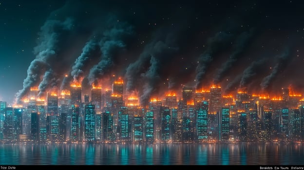 A city with smoke coming out of the water photo