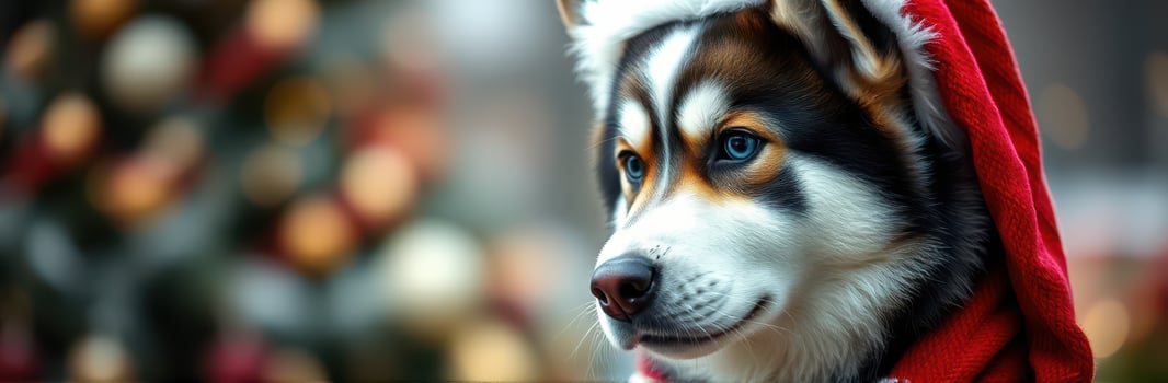 Cute husky dog wearing a red Christmas hat against a festive backdrop with holiday decorations photo