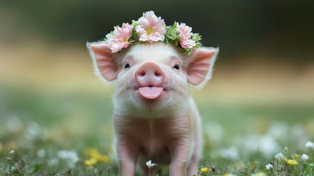 Cute piglet wearing flower crown sticking out tongue in meadow photo