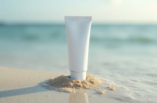 Mockup White Tube Bottle Cosmetic Jar on lovely sand of beach photo