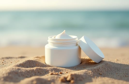 Mockup White lovely Tube Bottle Cosmetic Jar on sand of beach photo