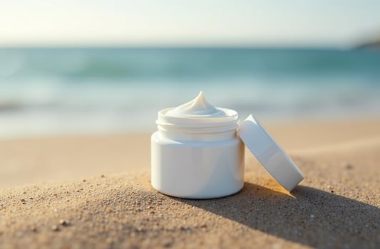 Mockup lovely White Tube Bottle Cosmetic Jar on sand of beach photo