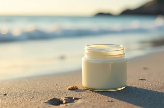 Mockup White Tube nice Bottle Cosmetic Jar on sand of beach photo