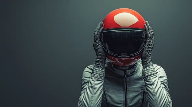 Pilot wearing helmet and gloves holding head on dark background photo