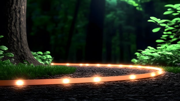 A path lit up with led lights in the forest photo