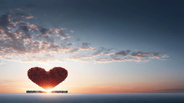 A group of people standing in front of a heart shaped object photo
