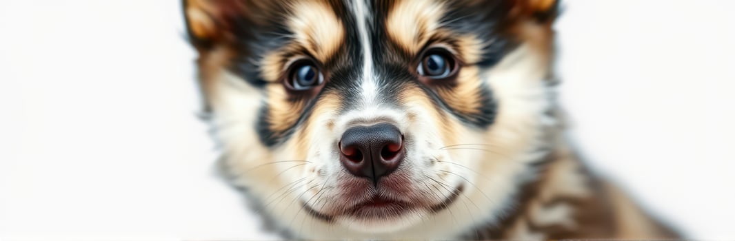 Adorable puppy with striking markings gazing directly at the viewer with bright blue eyes during a close-up shot photo