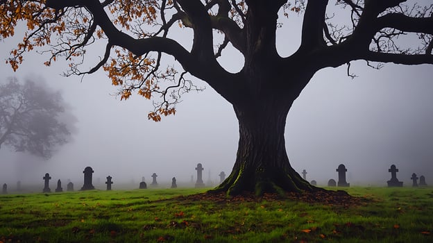 A graveyard with many tombstones and trees photo