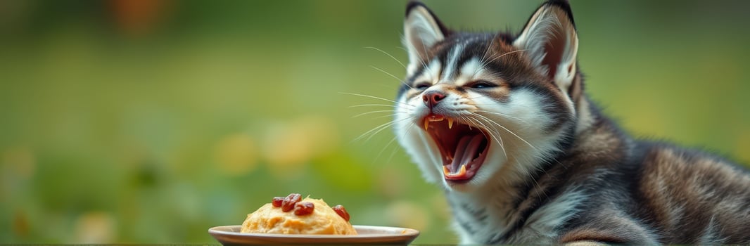 Cat yawning near a delicious dessert in a sunny garden setting during the afternoon photo