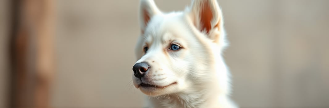 White puppy with striking features looking curiously at the camera in a soft-focus background photo