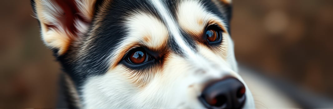 Dog with striking blue eyes resting outdoors in late afternoon sunlight, showcasing its unique fur patterns and attentive nature photo