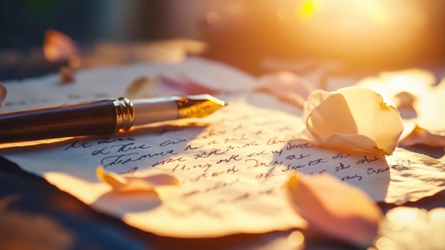 A Handwritten Love Letter with Rose Petals and Pen photo
