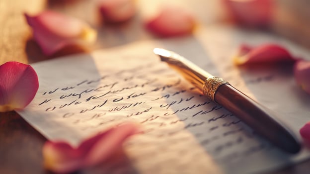 A handwritten love letter rests with a vintage pen and rose petals photo