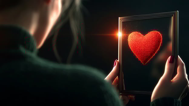 A woman holding a framed picture of a red heart photo