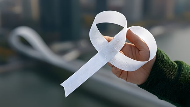 A person holding a white ribbon in front of a city photo