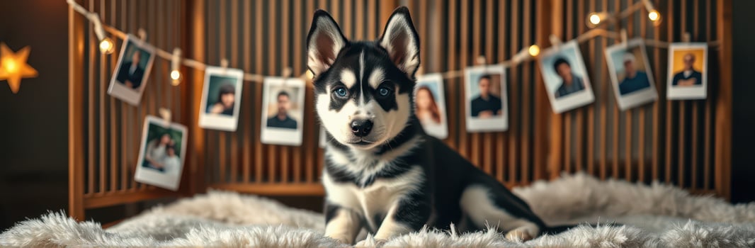 Cute husky puppy reclining on a cozy surface with a backdrop of illuminated photos at a warm indoor setting