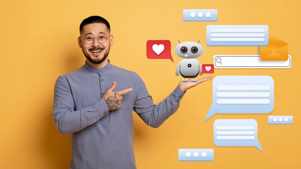 A man enthusiastically points to a small robot while surrounded by chat bubbles and digital icons. photo