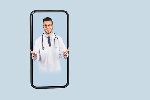 Medical Application. Male Doctor On Big Smartphone Screen Talking To Camera Wearing White Uniform Consulting Patient Online Over Blue Studio Background. Square Shot, Collage photo