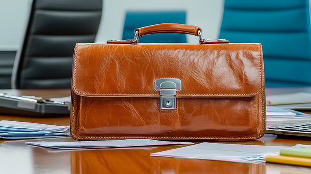 A brown leather briefcase sitting on a desk photo