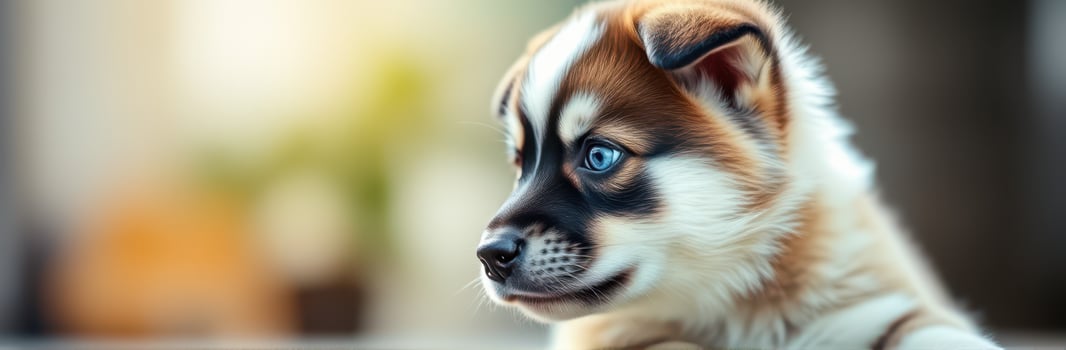 Playful puppy with blue eyes gazes curiously at surroundings in a cozy indoor space during daylight hours photo