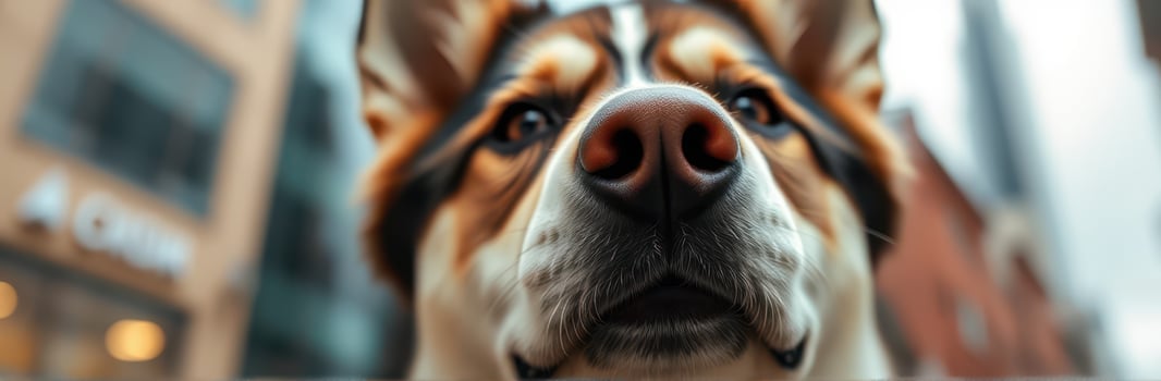 Dog with a playful expression in an urban setting captures attention on a cloudy day photo