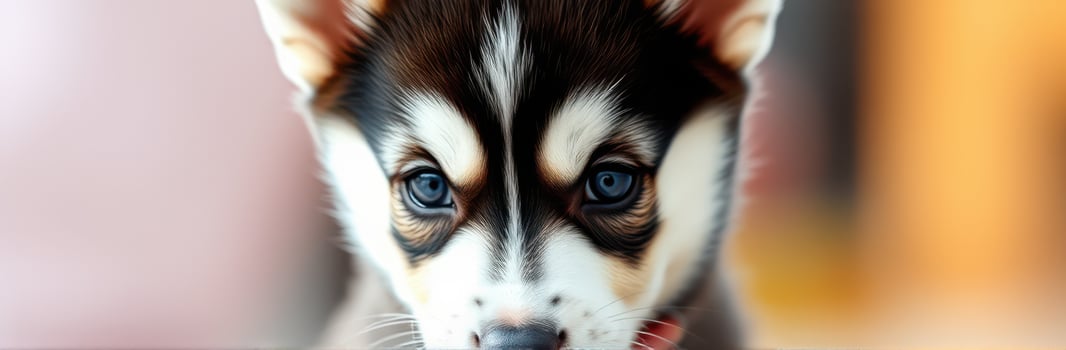 Cute husky puppy with captivating blue eyes indoors during golden hour photo