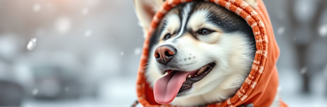 Happy husky wearing an orange hoodie enjoys a snowy winter day outdoors in a park photo