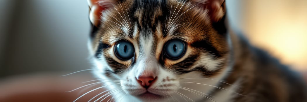 Striking curious cat with bright blue eyes gazes at its surroundings in a cozy indoor setting photo
