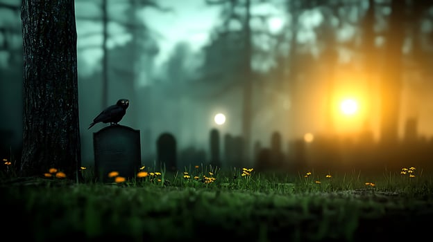 A crow sits on top of a tombstone in a cemetery photo