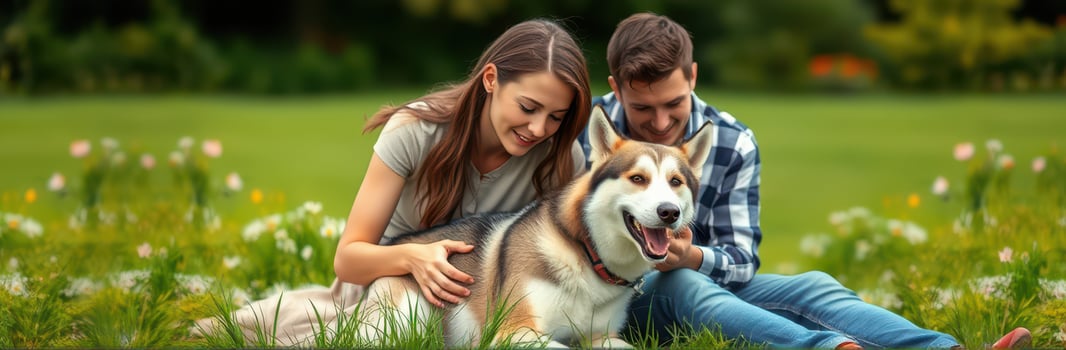 Couple enjoying time with their happy dog in a lush green park during a sunny afternoon photo