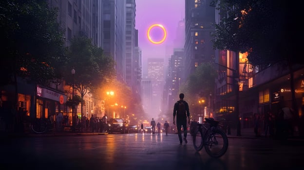 A person walking down a city street with a bike photo