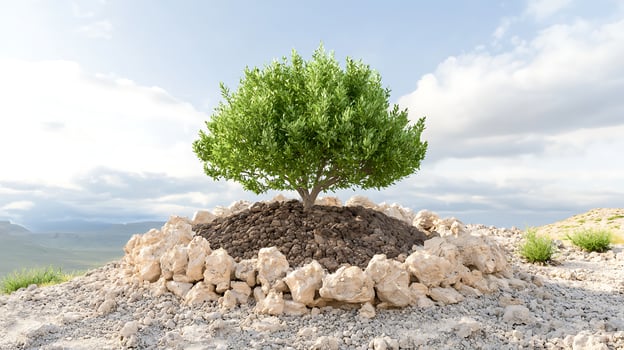A small tree is growing on top of a rock photo
