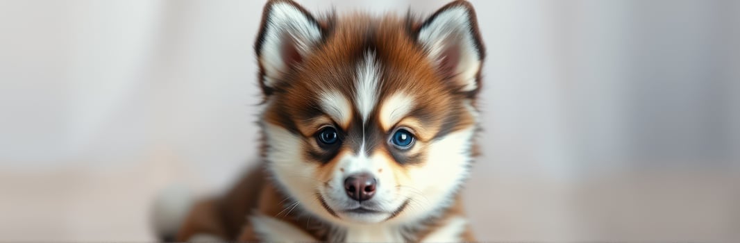 Cute puppy with fluffy fur and bright blue eyes playing indoors during the afternoon photo