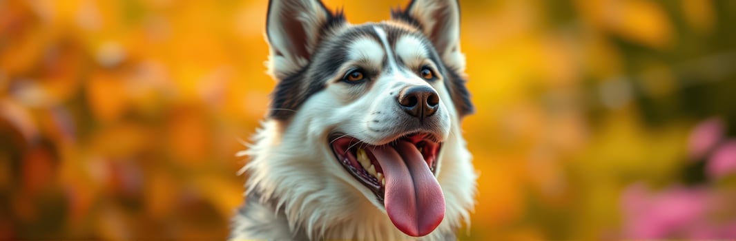 Playful husky enjoying a sunny day in a vibrant garden filled with autumn colors photo