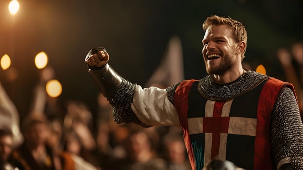 A man in a medieval costume is holding up his fist photo