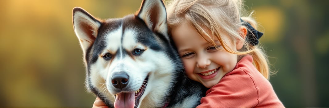 Joyful girl embraces her friendly husky in a tranquil outdoor setting during sunset photo