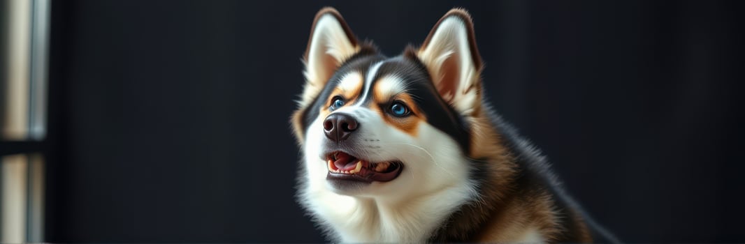 Beautiful dog sitting calmly indoors in a well-lit room with soft natural light photo