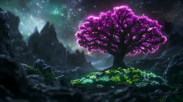 A purple tree in the middle of a rocky landscape photo