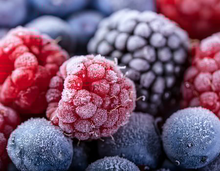 Macro Shot of Frosted Berries Frozen Raspberries, Blueberries, and Blackberries photo