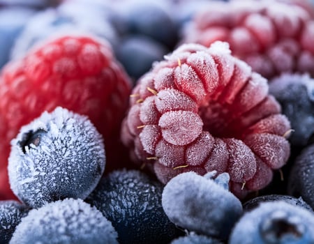 Chilled Perfection Macro View of Frozen Raspberries, Blueberries, and Blackberries photo