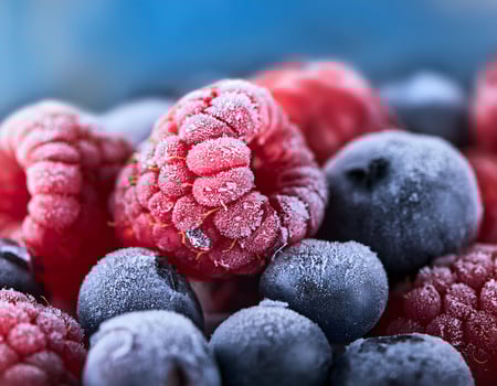 Close-Up of Mixed Frozen Berries Covered in Frost Crystals photo