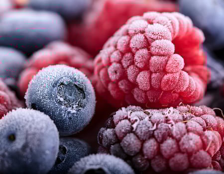 Icy Freshness Macro Photography of Frost-Covered Mixed Berries photo