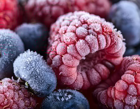 Close-Up of Icy Berries Beautiful Frosted Raspberry, Blueberry, and Blackberry Mix photo