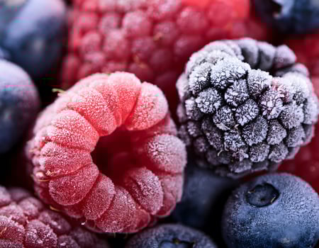Winter-Themed Macro Shot of Frozen Berries with Ice Crystals photo