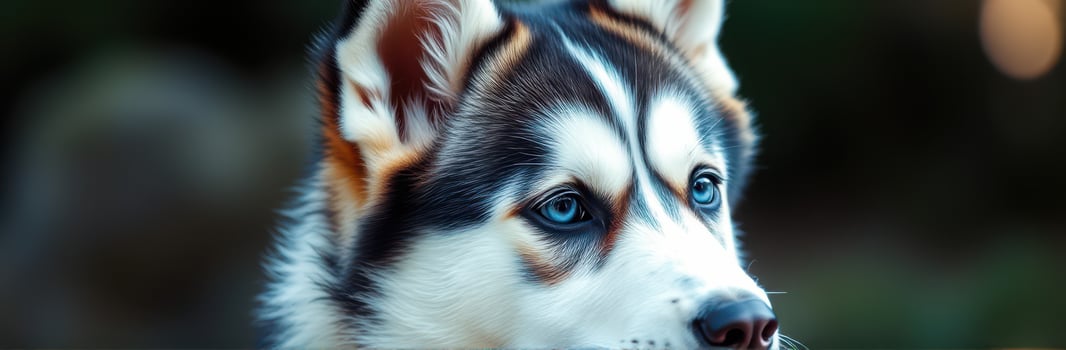Husky puppy playing in a lush green garden during late afternoon light with bright blue skies in the background photo