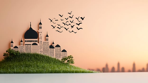 Paper cut of a city with birds flying over it photo