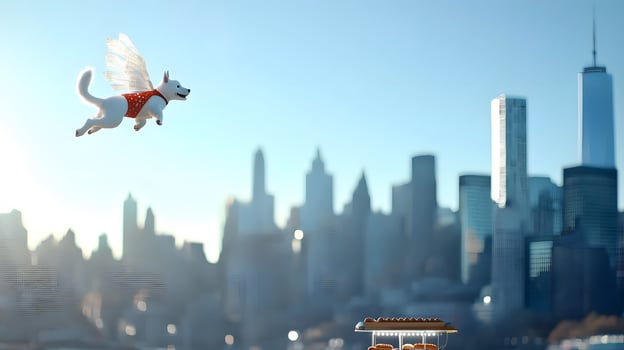 A dog flying over a city with a city in the background photo