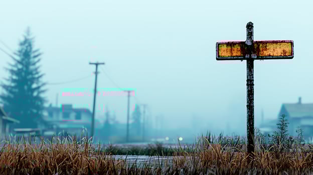 A street sign is standing in the middle of a foggy field photo