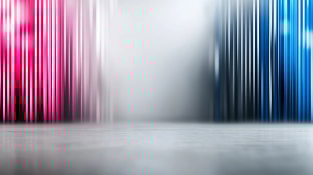 A room with a white floor and a blue, pink and red striped wall photo